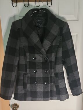 Rampage Women's Black & Gray Plaid Double-Breasted Pea Coat